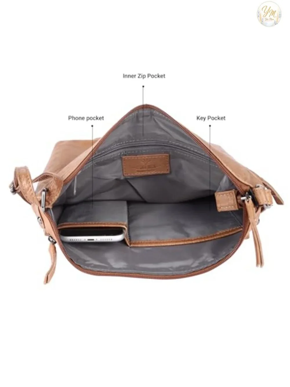 Genuine Leather Large Crossbody Sling Triple Zip Shoulder Purse